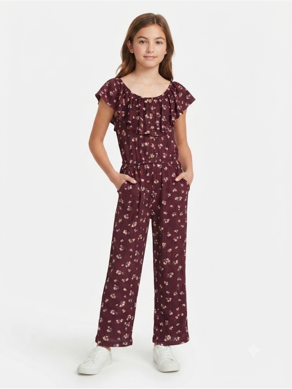Justice Girls Burgundy Floral Jumpsuit